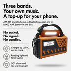 Three bands, your own music and a top-up for your phone: AM, FM and shortwave radio with Bluetooth speaker and 8,000 mAh battery
