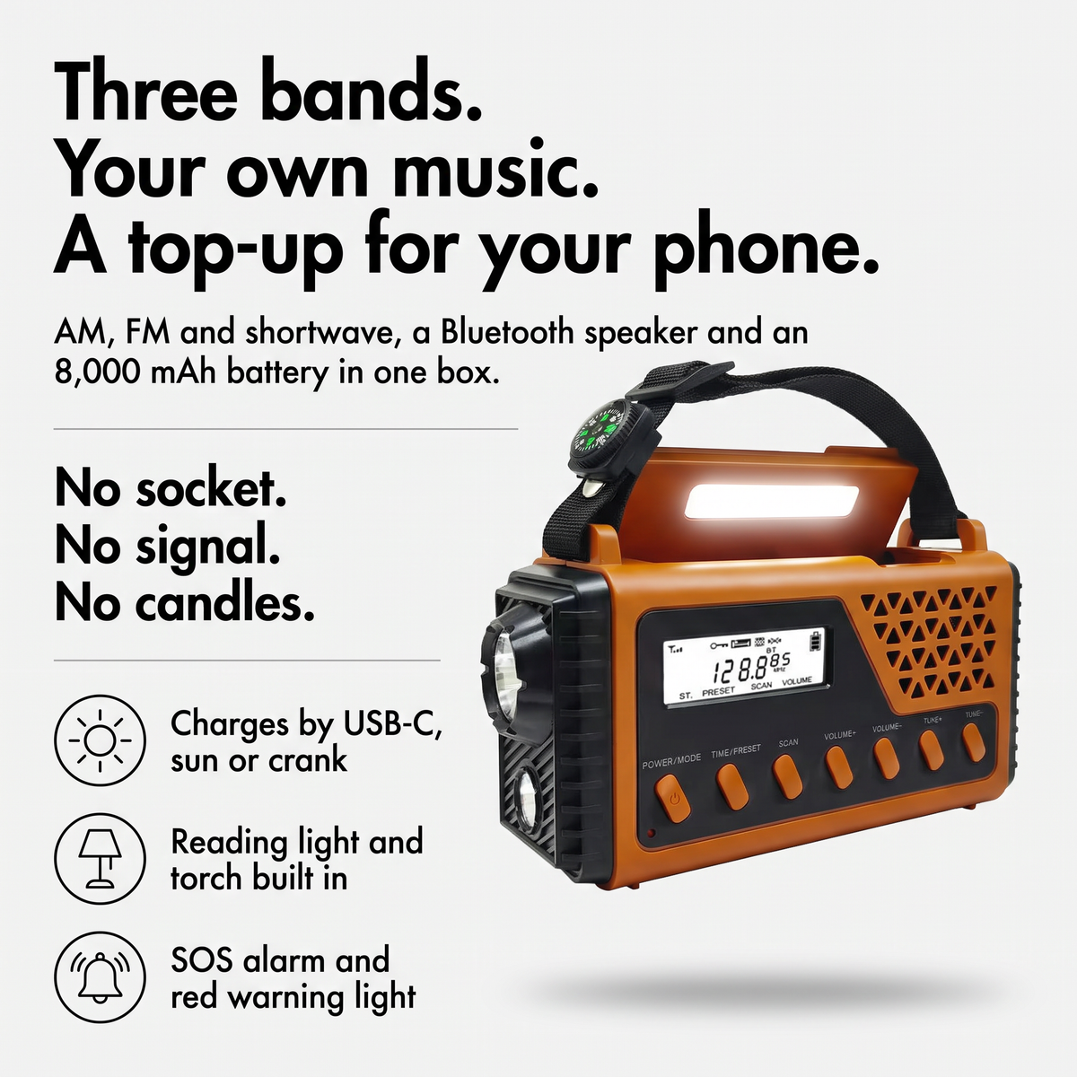 Three bands, your own music and a top-up for your phone: AM, FM and shortwave radio with Bluetooth speaker and 8,000 mAh battery