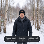 Man in the black beanie on a snowy woodland path, with key features