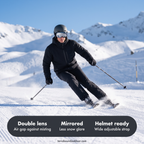 Skier on a sunny piste wearing the ski goggles, with key features