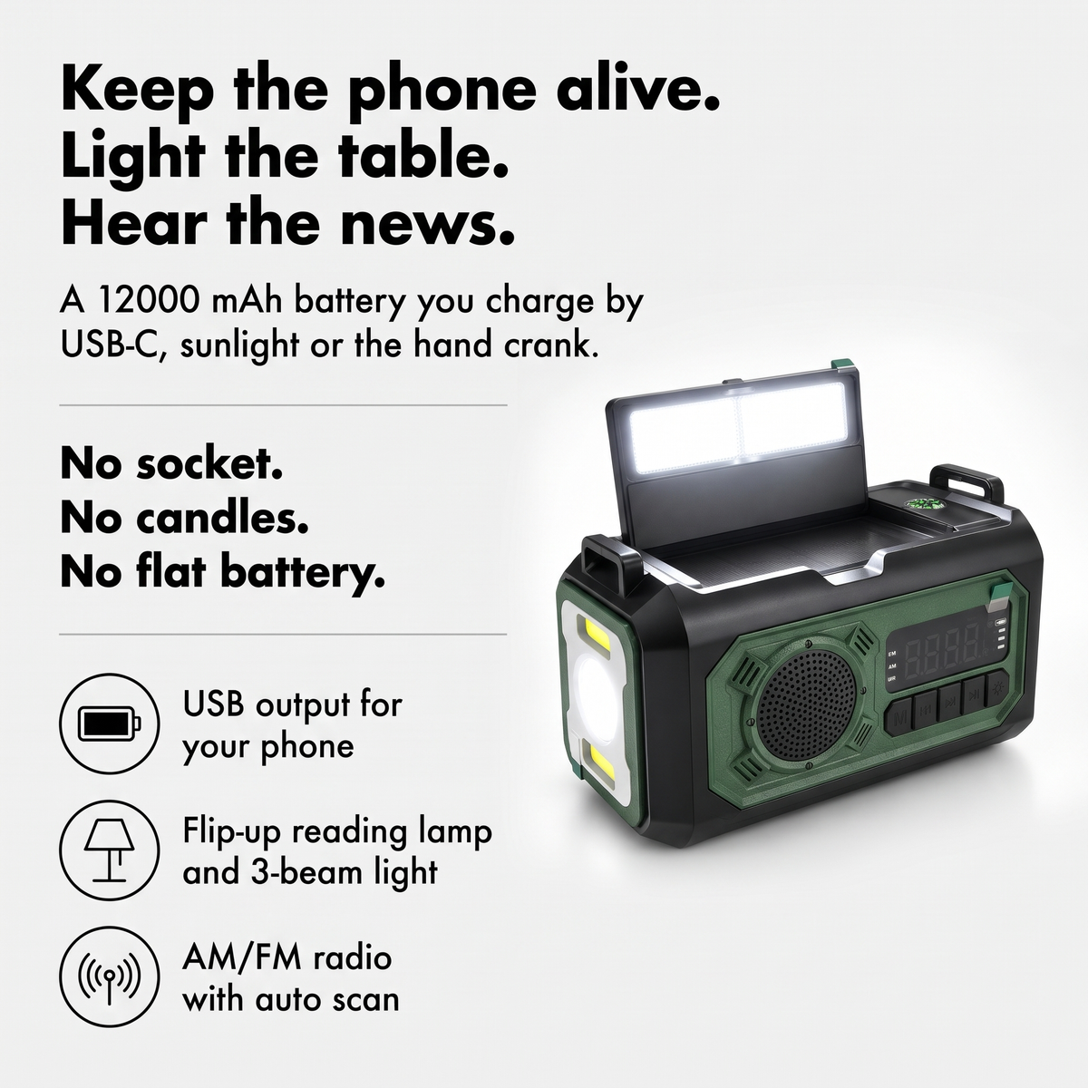 Emergency radio infographic: keep the phone alive, light the table, hear the news, with flip-up reading lamp lit