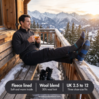 Skier with feet up on a chalet balcony in fleece lined ski socks, with key features