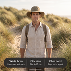 Man on a coastal dune path in the wide brim sun hat with its one size and chin cord details
