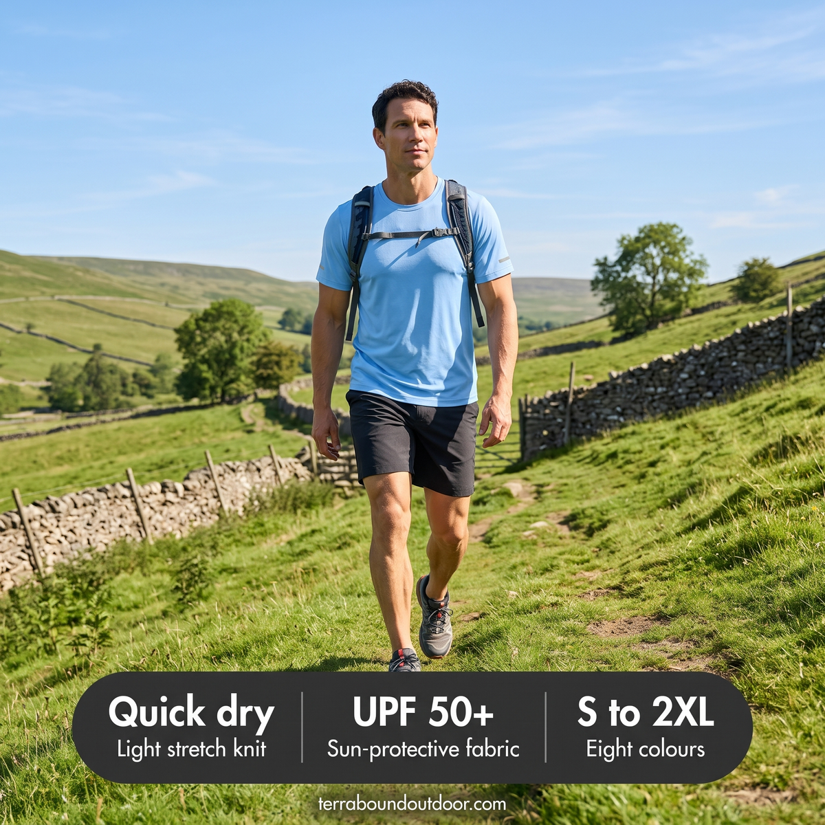 Man on a summer hill walk with a daypack in the men's running top, with key features
