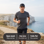 Man running on a coastal path in the running cap: open mesh, fits 54-60 cm, folds flat