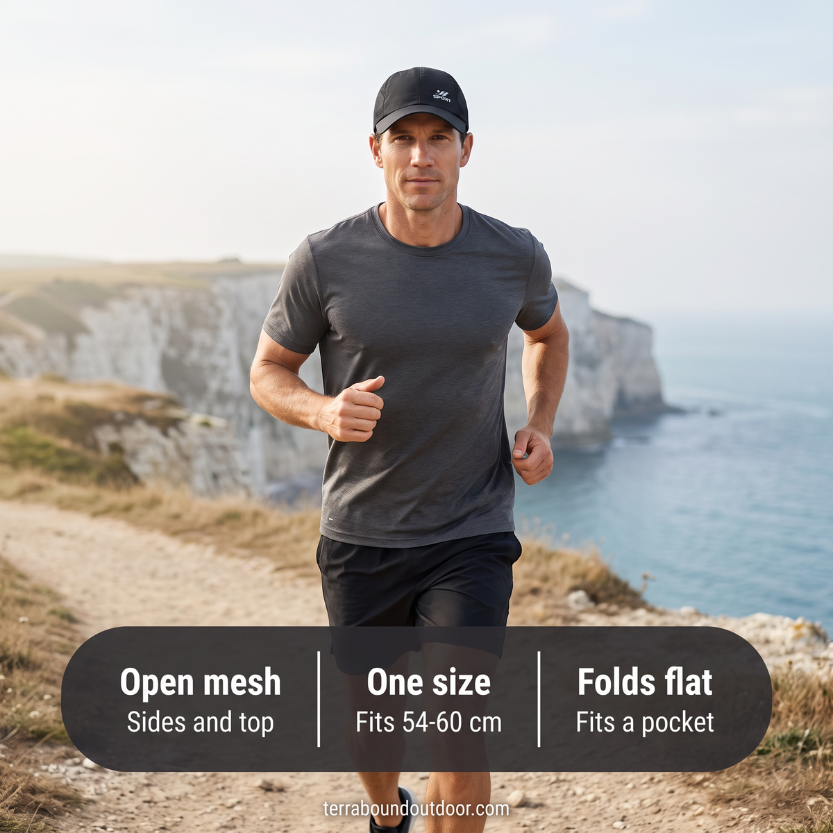 Man running on a coastal path in the running cap: open mesh, fits 54-60 cm, folds flat