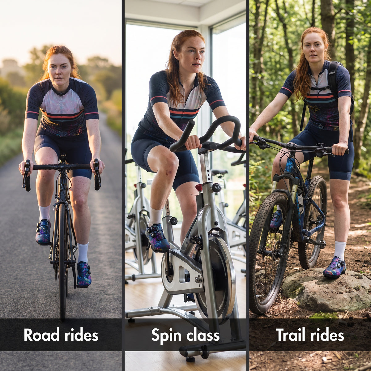 The cycling shoes on road rides, in a spin class and on trail rides