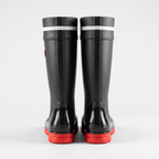 Back view of the black and red mid-calf wellies showing the heel and reflective band