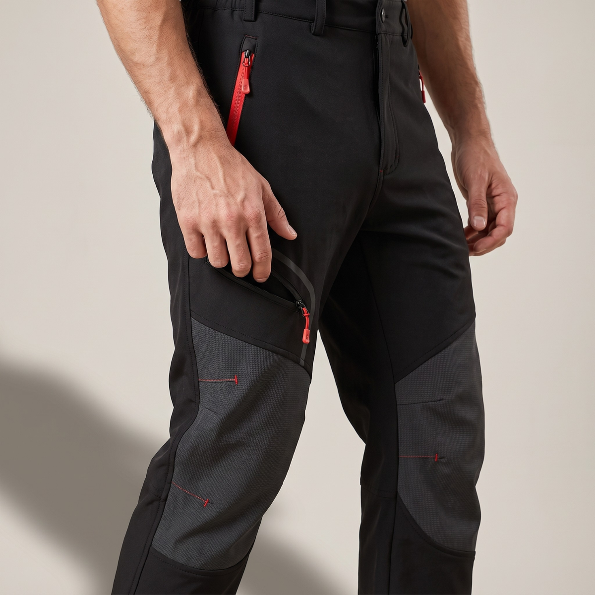 Zipped hip and thigh pockets on the winter walking trousers, worn