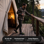 Person walking in Terrabound Camp Slippers on a cabin deck at dusk