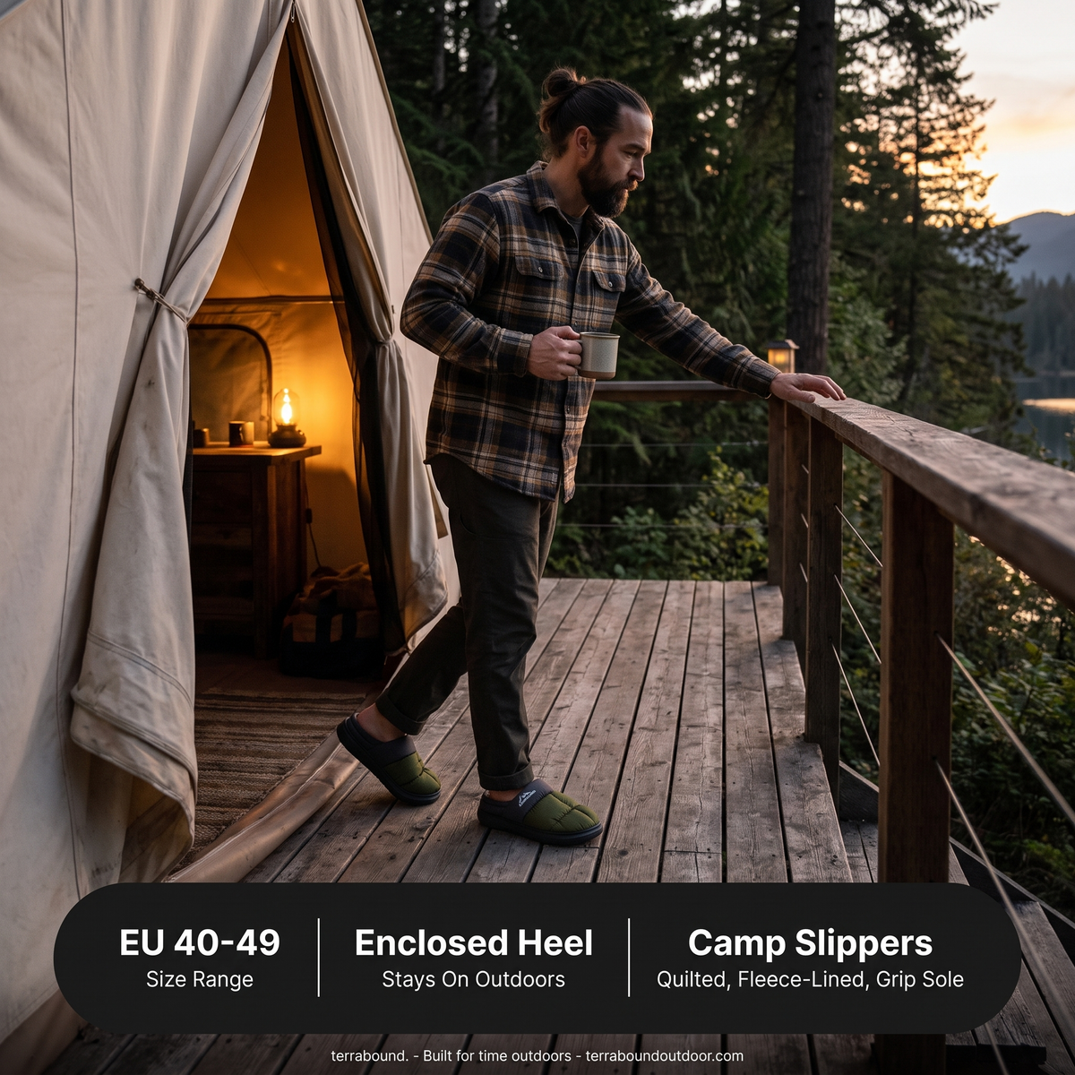 Person walking in Terrabound Camp Slippers on a cabin deck at dusk