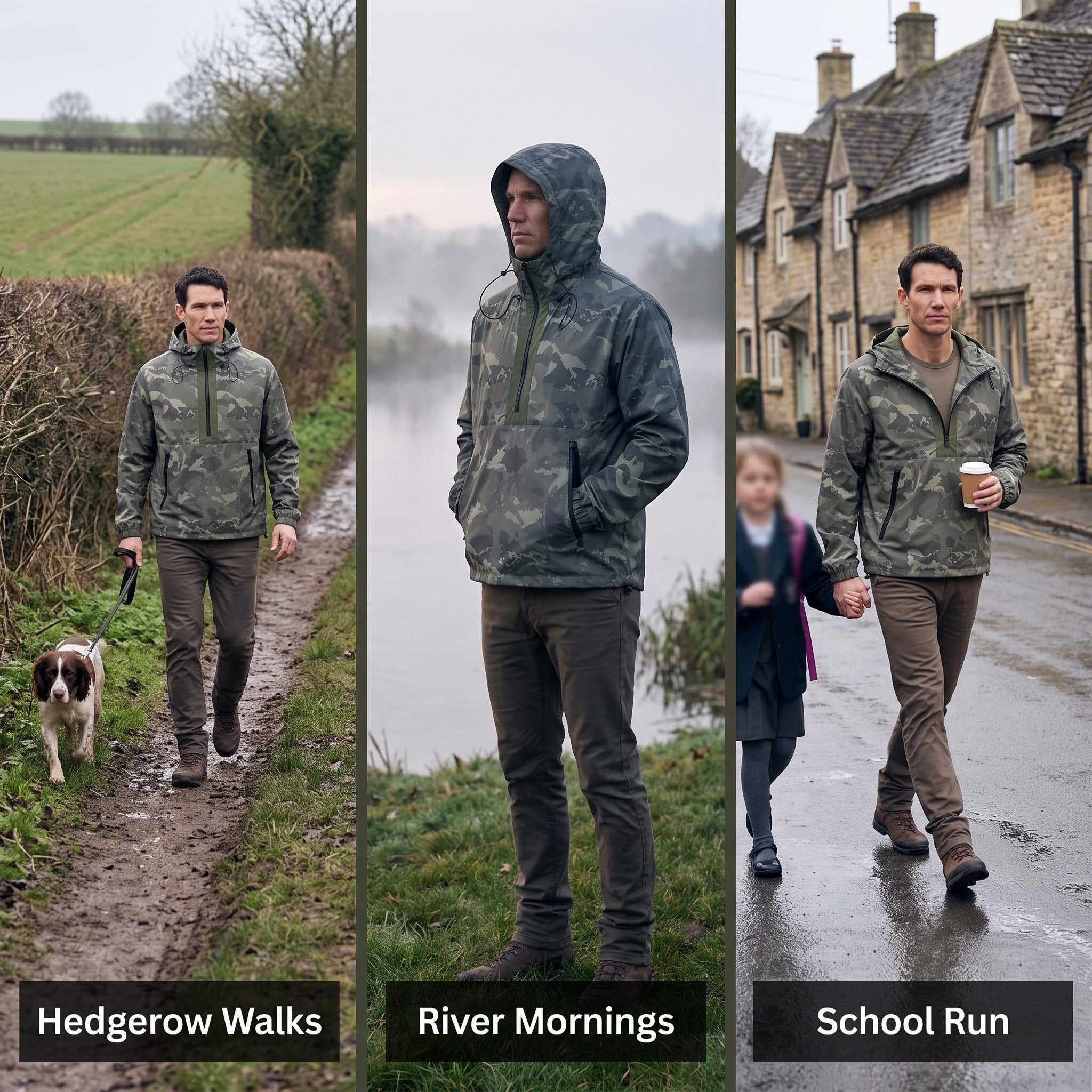 Three ways to wear the camo anorak: hedgerow walks, river mornings, school run