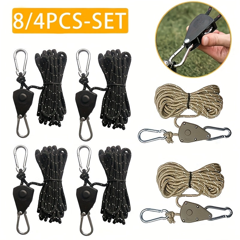 8pcs Set/4pcs Set 157.48-Inch Metal Pulley Camping Tent Fixed Rope, with Reflective Strip, Adjustable Drawstring Buckle Fastener, Suitable for Fixing Wild Camping, Outdoor Equipment, Awnings And Holiday Decorations, Elastic Outdoor Storage Bag