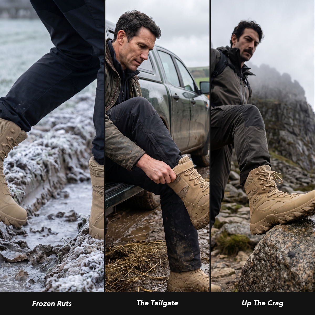 Worn on frozen ruts, at the tailgate and up a crag