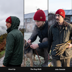 Three ways it is worn: under a hood, on the dog walk, and for jobs outside