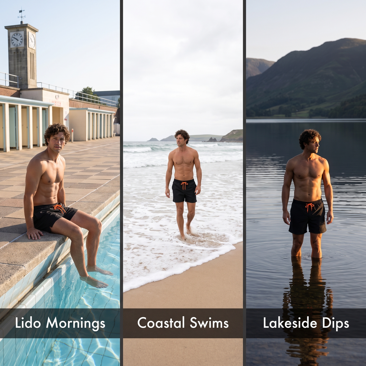Swim shorts at a lido, on a Devon beach and in a Lake District lake