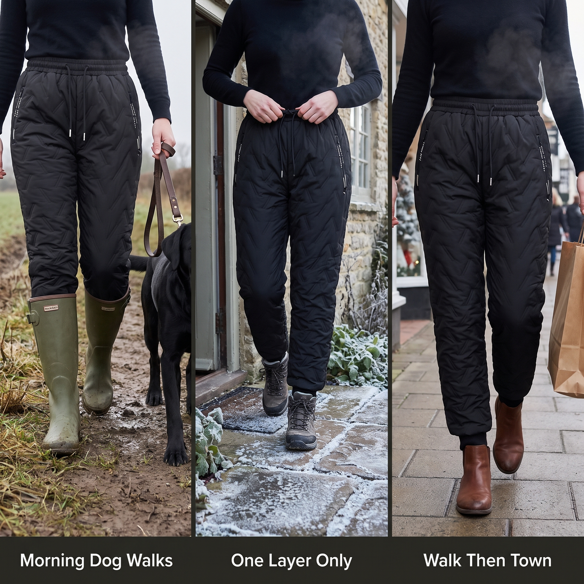 Women's fleece lined quilted trousers for morning dog walks, one layer only, walk then town