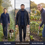Men's Zip Up Fleece on a dog walk, under a waterproof on the fells and on a garden morning