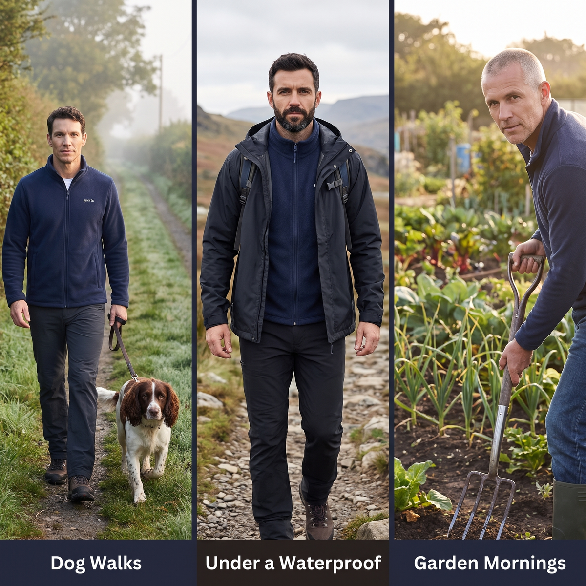 Men's Zip Up Fleece on a dog walk, under a waterproof on the fells and on a garden morning
