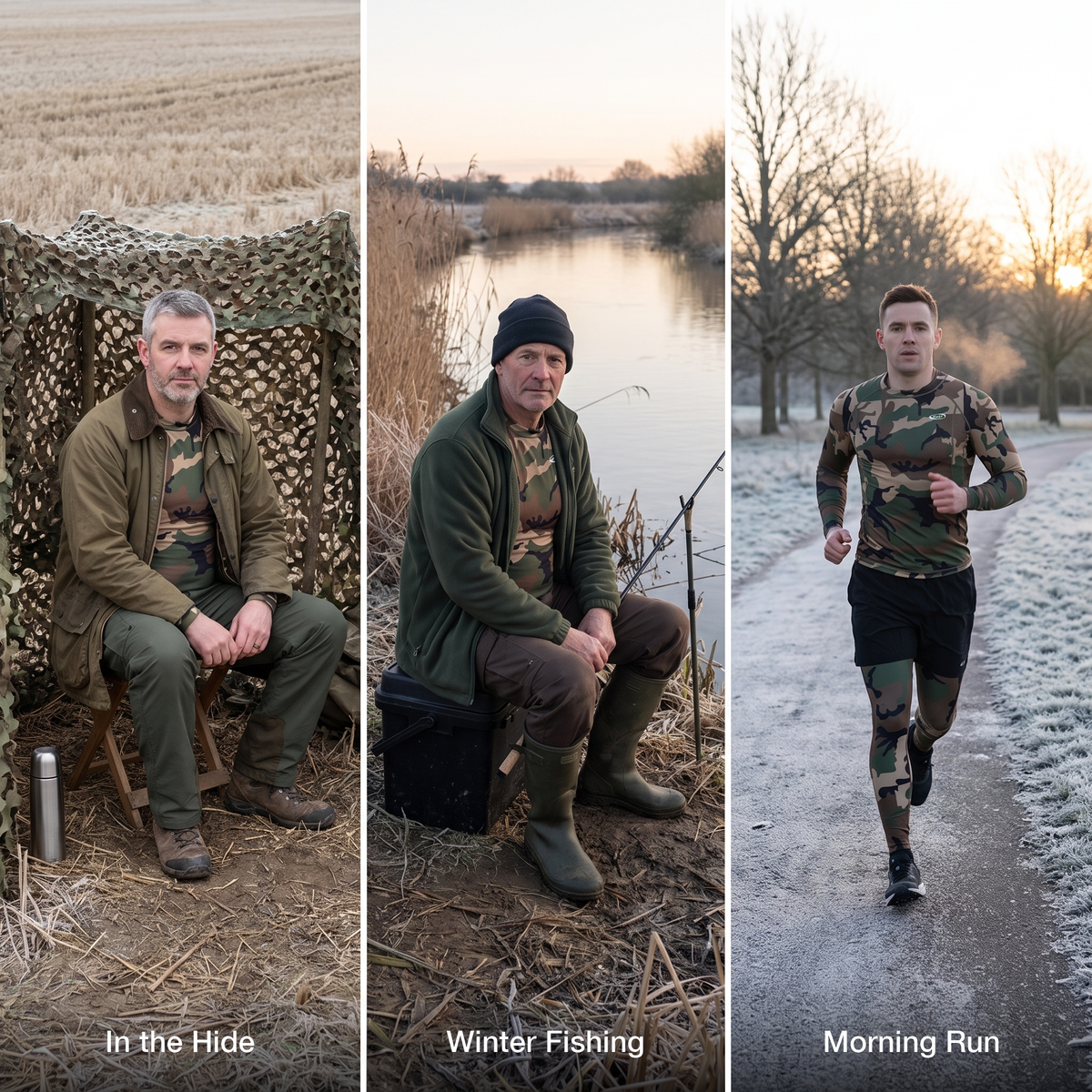 Three ways to wear the camo base layer set: in the hide, winter fishing and a morning run
