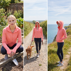 Three uses of the sun hoodie in Britain: gardening, a dog walk on a gravel track, a coastal path