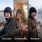 Three men wearing the winter hat with ear flaps in navy, grey and black: dog walks, Christmas Day, by the riverbank