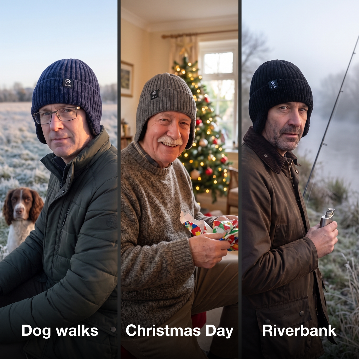 Three men wearing the winter hat with ear flaps in navy, grey and black: dog walks, Christmas Day, by the riverbank
