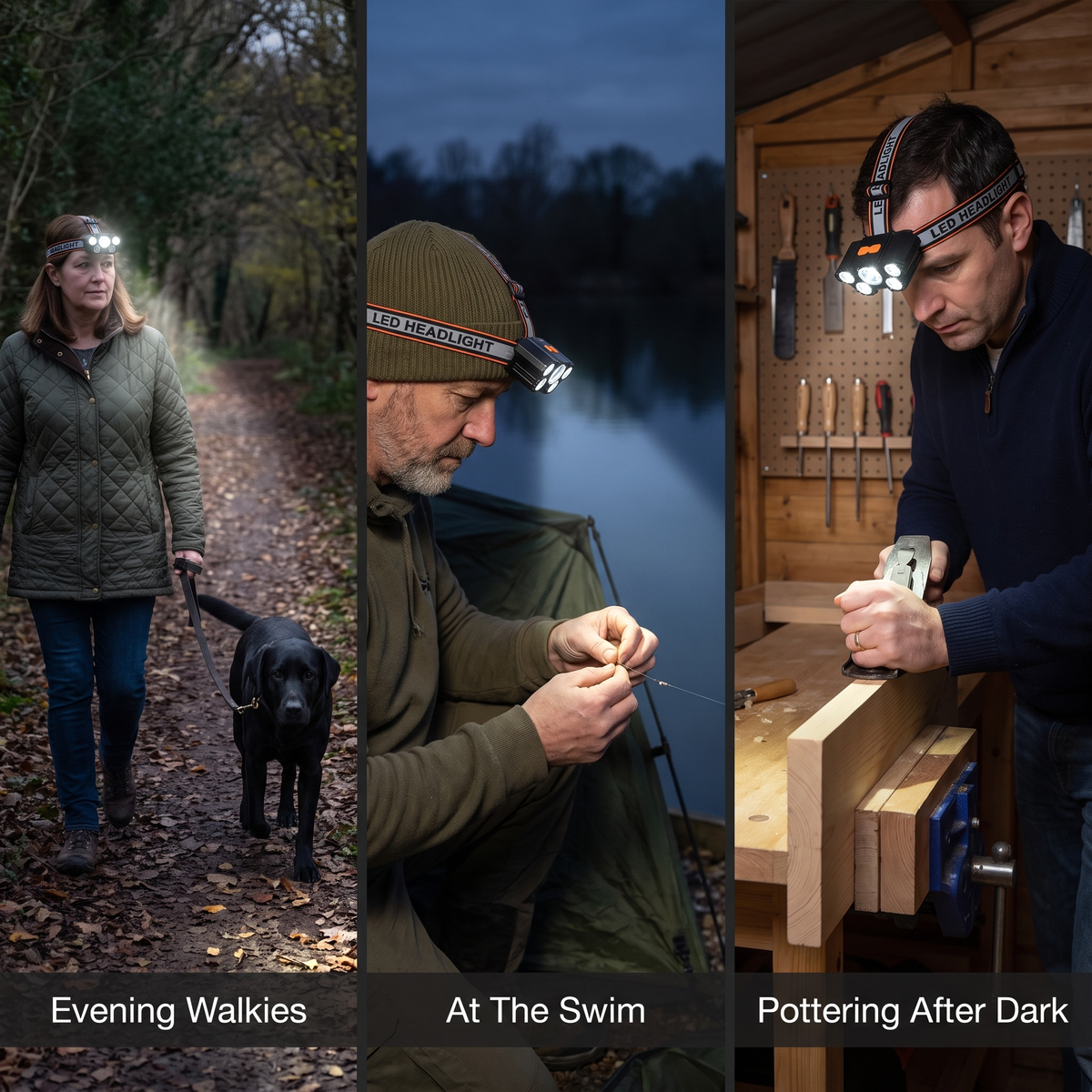 Three uses for the head torch: evening dog walk, night fishing at the swim, and working in a garden shed after dark