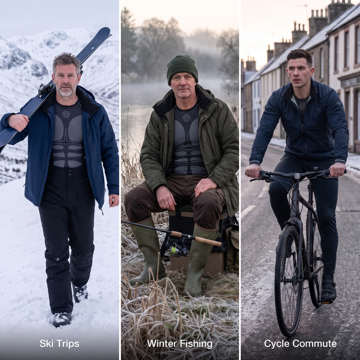 Three ways to wear the base layer set under your kit: ski trips, winter fishing and a cycle commute