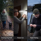 Three uses for the head torch: an evening dog walk, a power cut at the fuse box, and night fishing