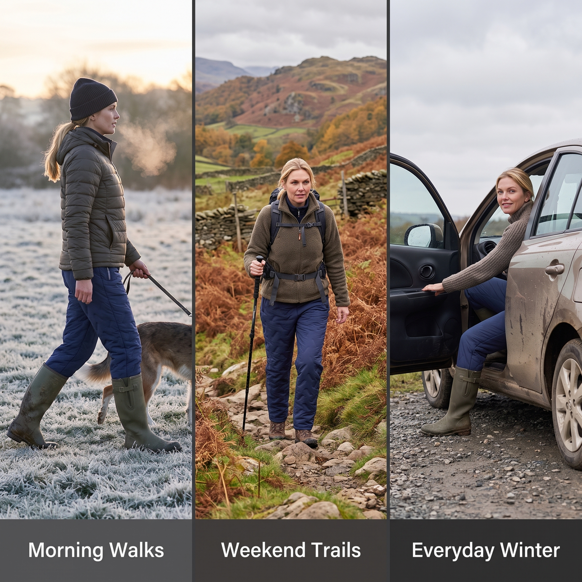 Three-scene lifestyle: dog walk, trail, car park