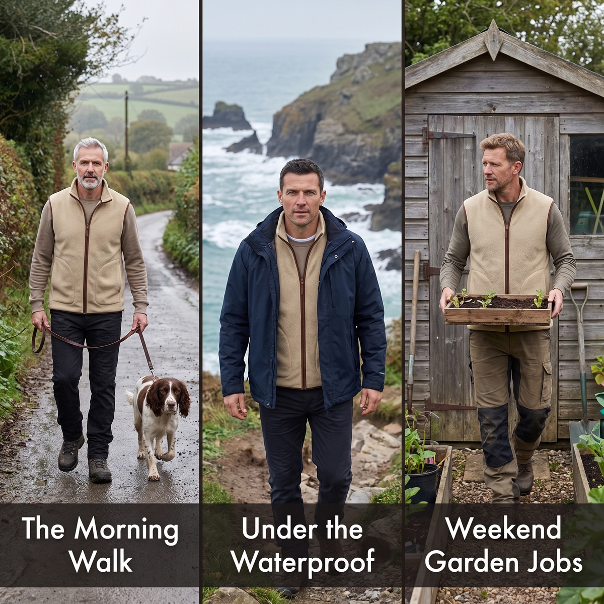 Fleece vest for the morning walk, under a waterproof and weekend garden jobs