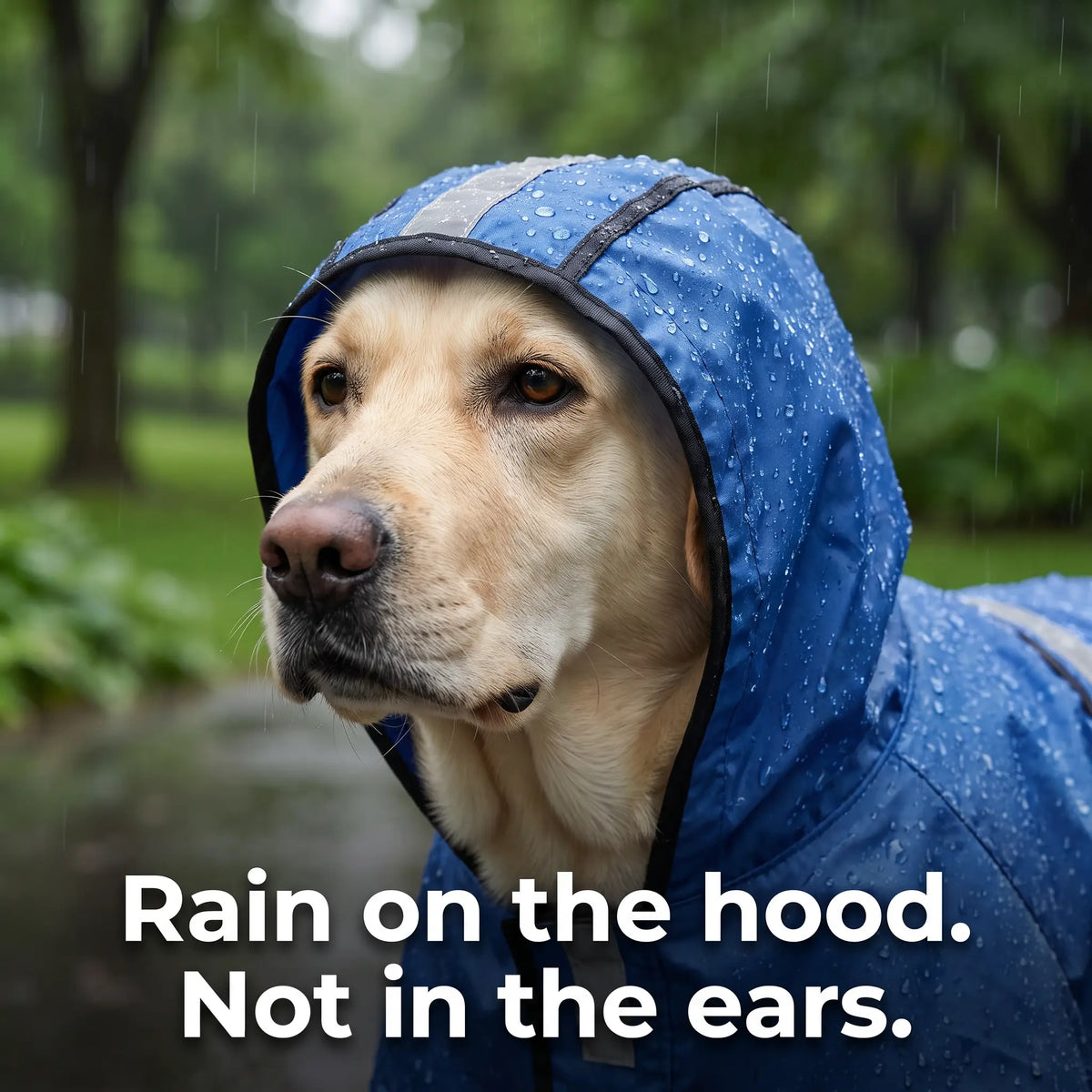 Close up of the dog raincoat hood keeping rain off a Labrador's head and ears