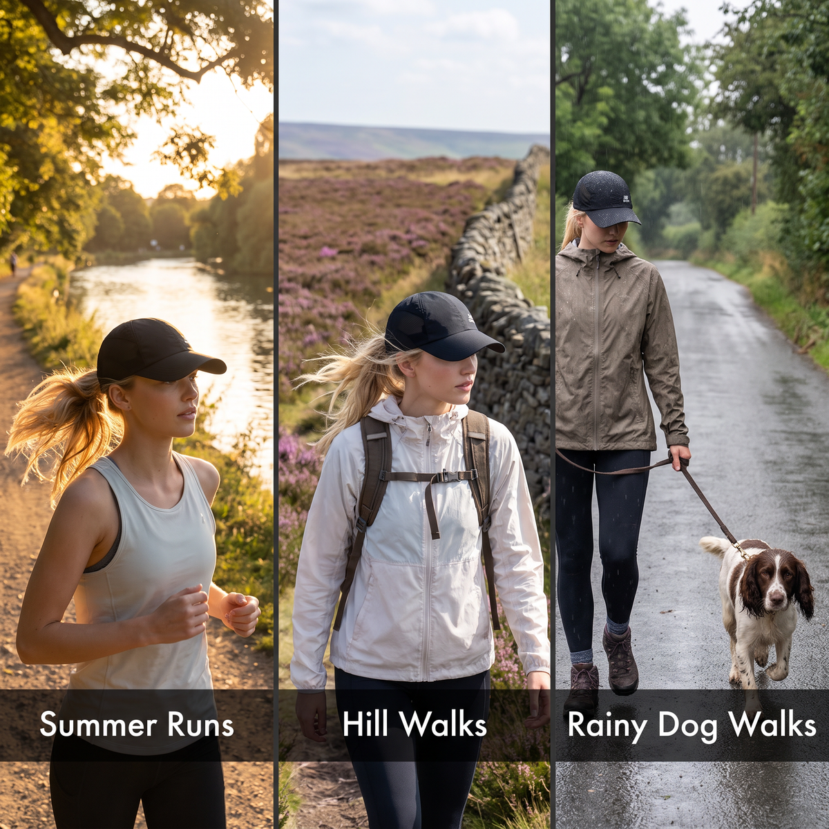 Woman wearing the running cap on summer runs, hill walks and rainy dog walks