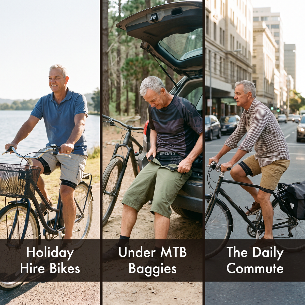 Three riders wearing the padded liner under their own shorts: holiday hire bikes, under MTB baggies, the daily commute