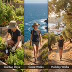 Woman wearing the wide brim sun hat in the garden, on a coast walk and on a holiday walk