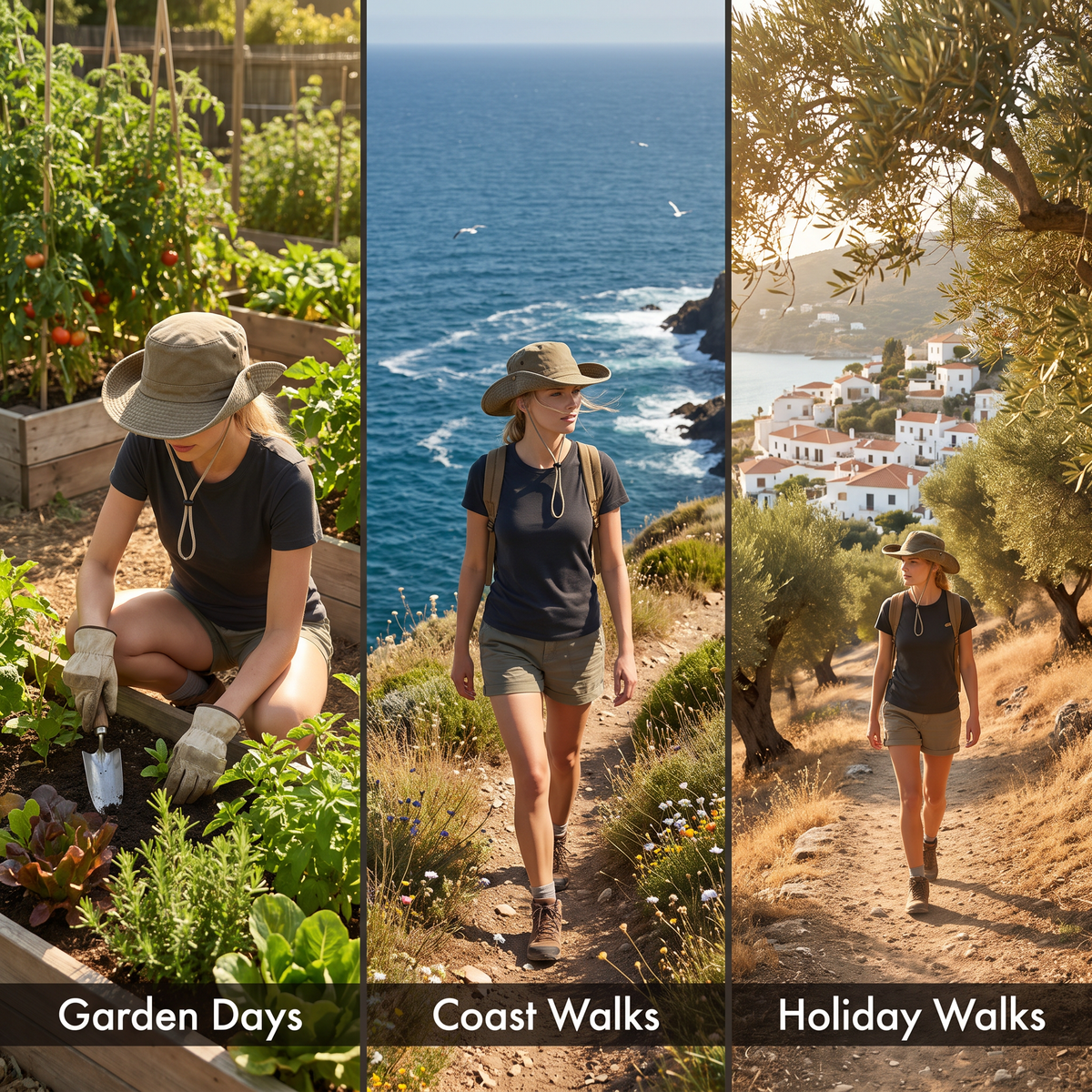Woman wearing the wide brim sun hat in the garden, on a coast walk and on a holiday walk