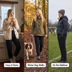 Three moments in fleece lined joggers: cosy at home, winter dog walks, on the sidelines