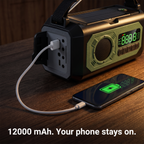 Phone charging from the USB-A port of the 12000mAh emergency radio on a kitchen table