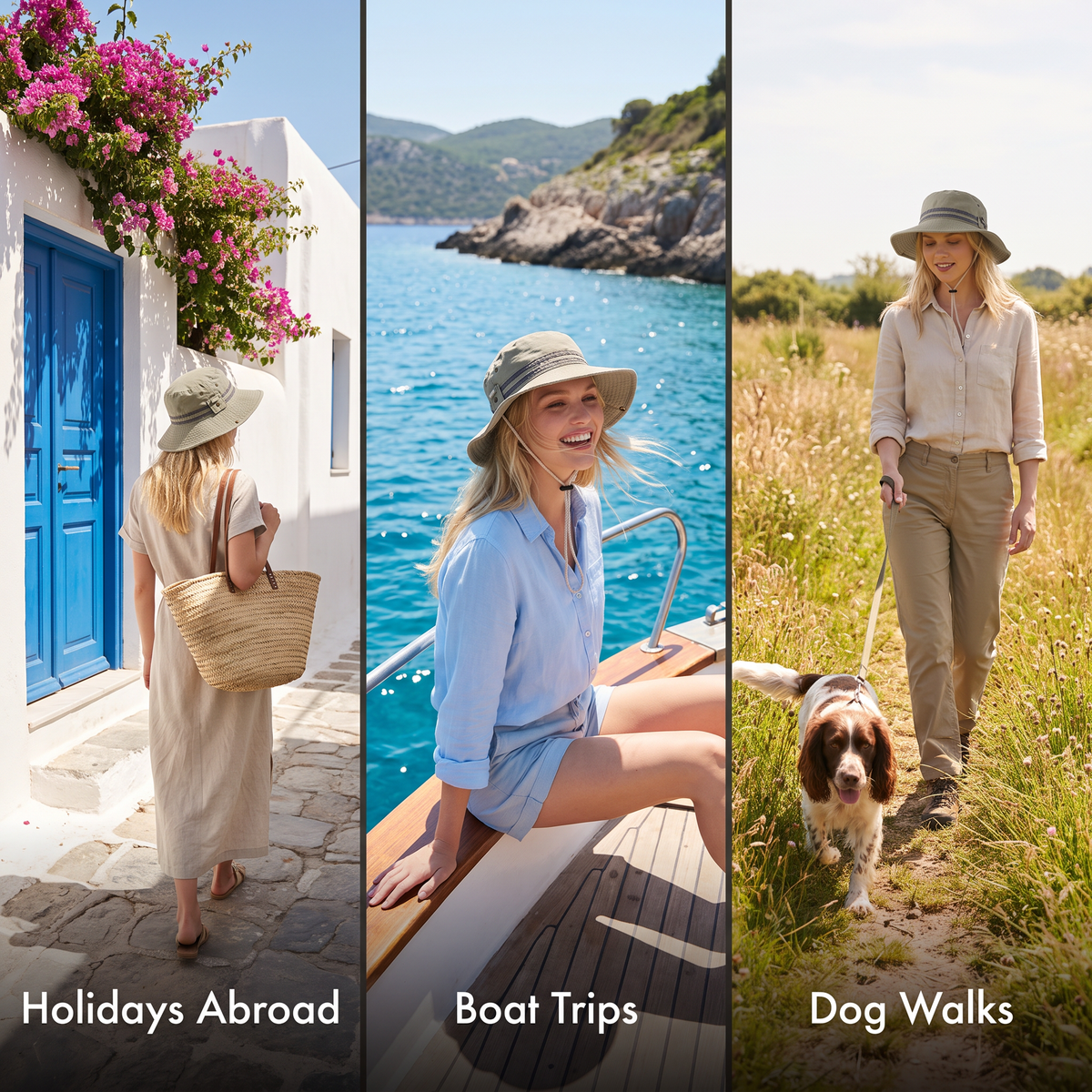 Sun hat on holiday abroad, on a boat trip and on a dog walk