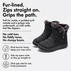 How the winter boots work: fur-lined, zips straight on, grips the path