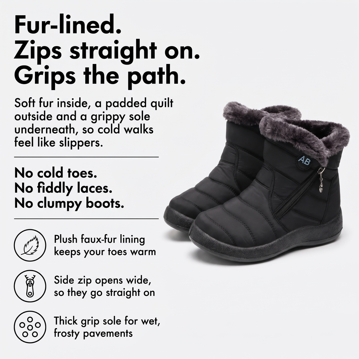 How the winter boots work: fur-lined, zips straight on, grips the path