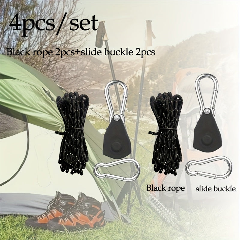 8pcs Set/4pcs Set 157.48-Inch Metal Pulley Camping Tent Fixed Rope, with Reflective Strip, Adjustable Drawstring Buckle Fastener, Suitable for Fixing Wild Camping, Outdoor Equipment, Awnings And Holiday Decorations, Elastic Outdoor Storage Bag