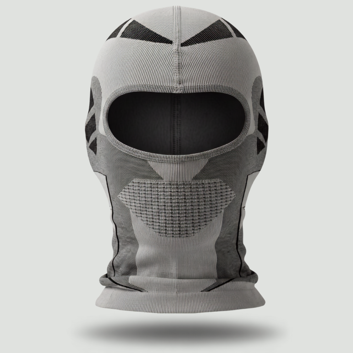 Thermal balaclava in Grey, straight-on front view showing the bound face opening and mesh mouth panel