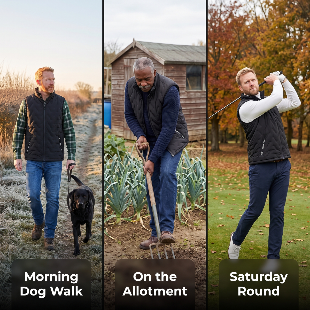 Morning dog walk, on the allotment and a Saturday round of golf wearing the black gilet