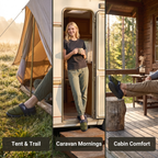 Three lifestyle scenes showing Terrabound Camp Slippers at a tent, caravan and cabin