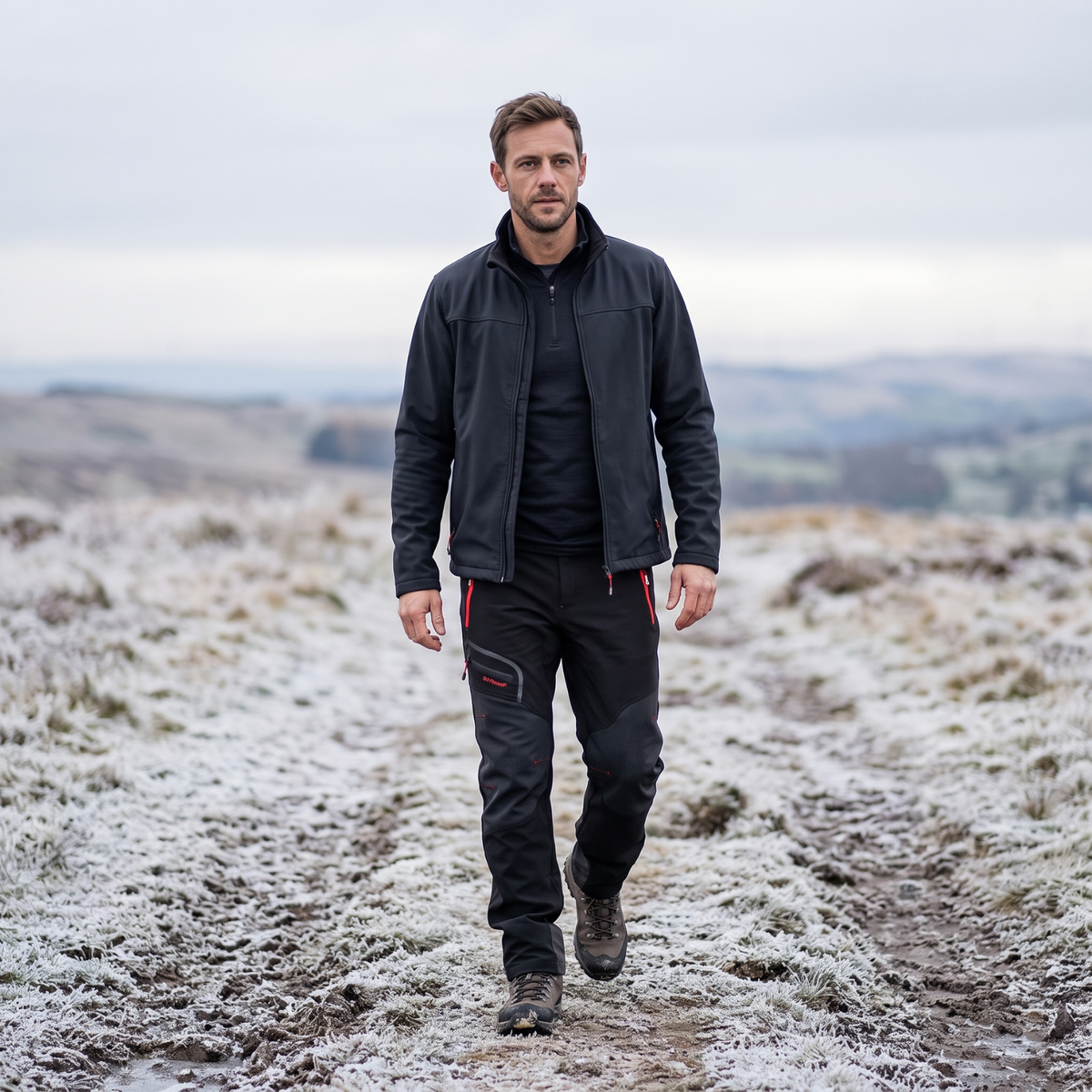 Man walking a frosted upland path in the insulated winter walking trousers
