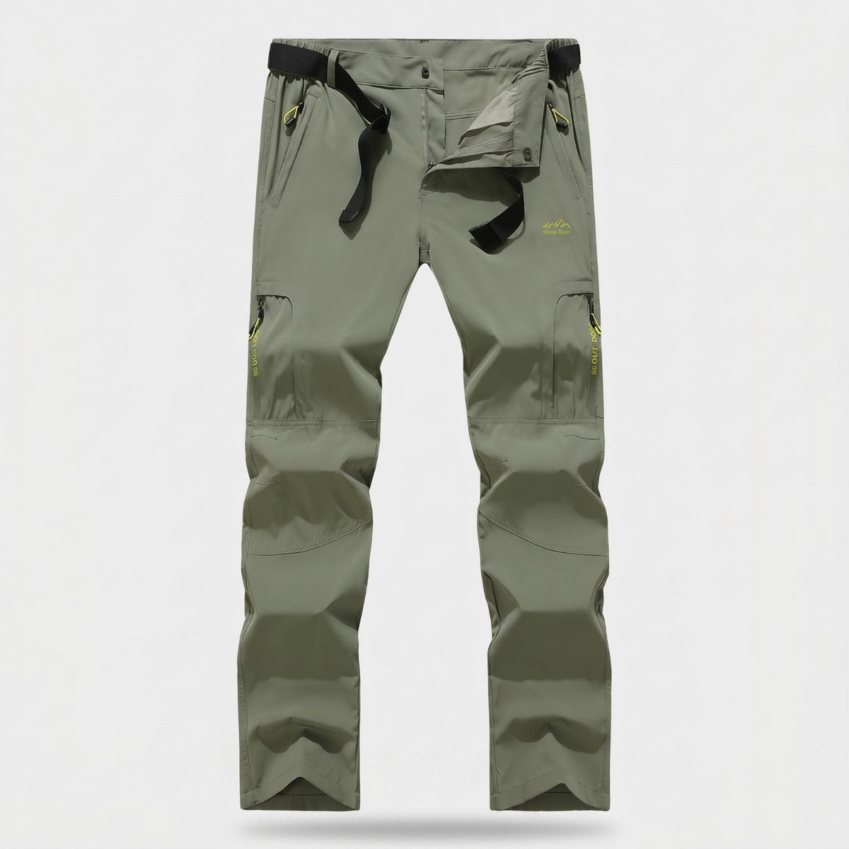 Flat view of the army green Terrabound Hiking Trousers with the included webbing belt