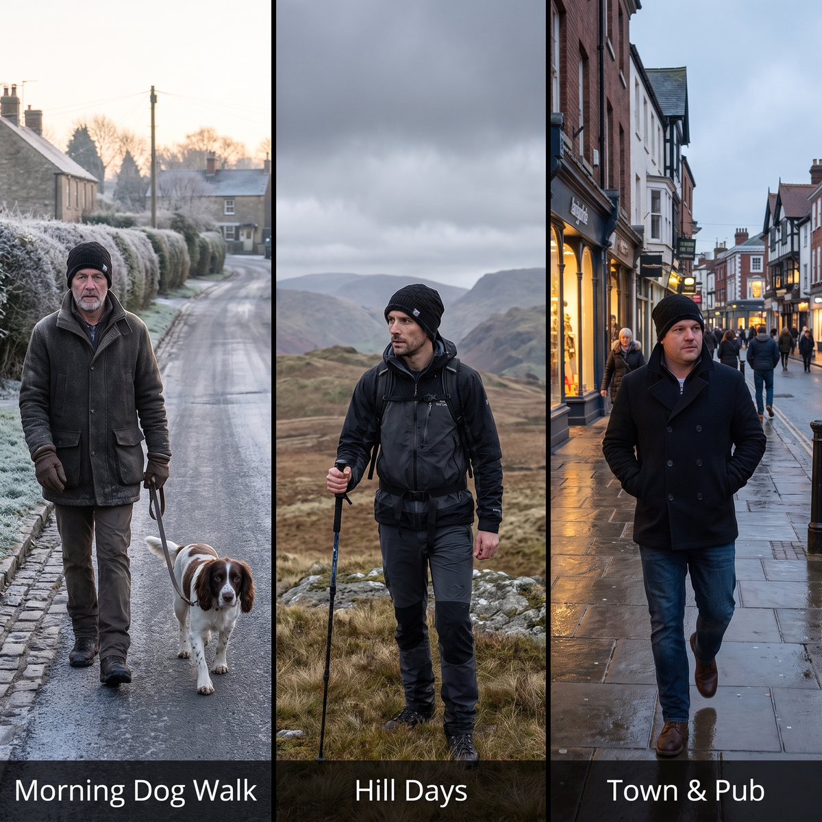 The beanie on a dog walk, a hill day and in town