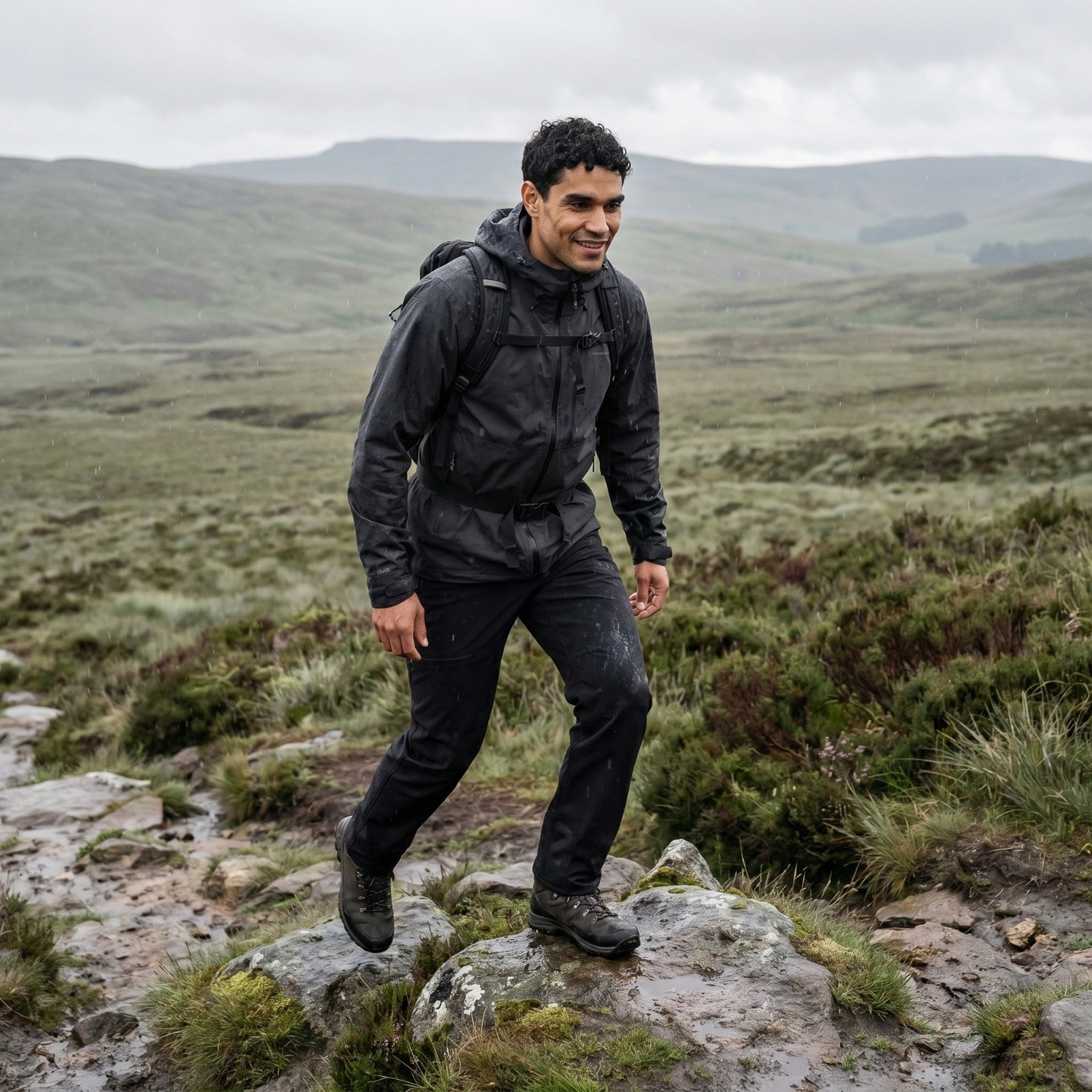 Walker crossing open moorland in black walking trousers